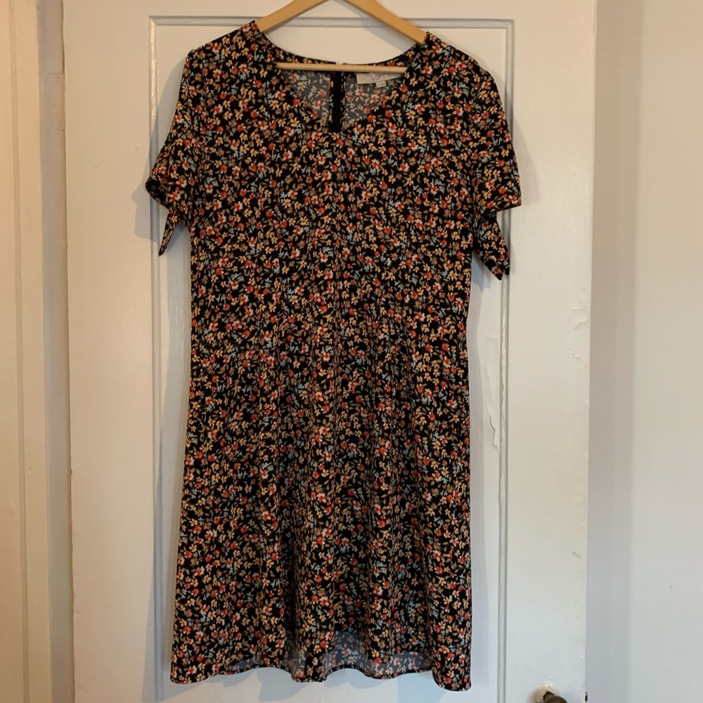 LOFT Black Floral Short Sleeve Dress, Size 14